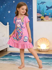 Girl's Cartoon Mermaid & Colorful Polka Dot Print Ruffle Hem Nightdress, Cute Casual Soft Comfortable Short Sleeve Round Neck Nightgown for Kids, Kids Sleepwear for Summer, Pajamas