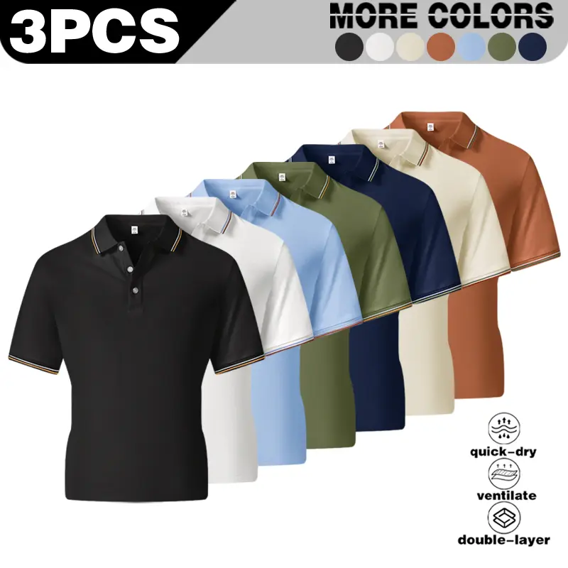 [ 3PCS Value Combination ] Men's contrasting striped collar solid color casual polo shirt summer casual breathable fashionable versatile short sleeved shirt