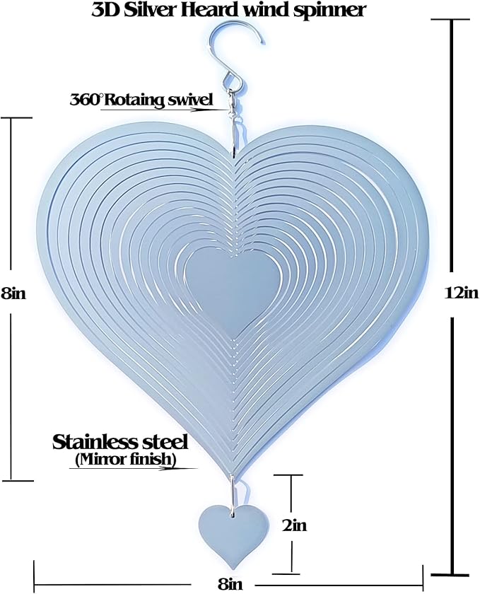 Stainless Steel Reflective Wind Spinners Outdoor Garden Decor,Sparkly Wind Spinner Bird Devices Deterrent to Scare Birds Away from Yard Patio Farm,Metal Heart Wind Spinners Gifts for Mom, Women