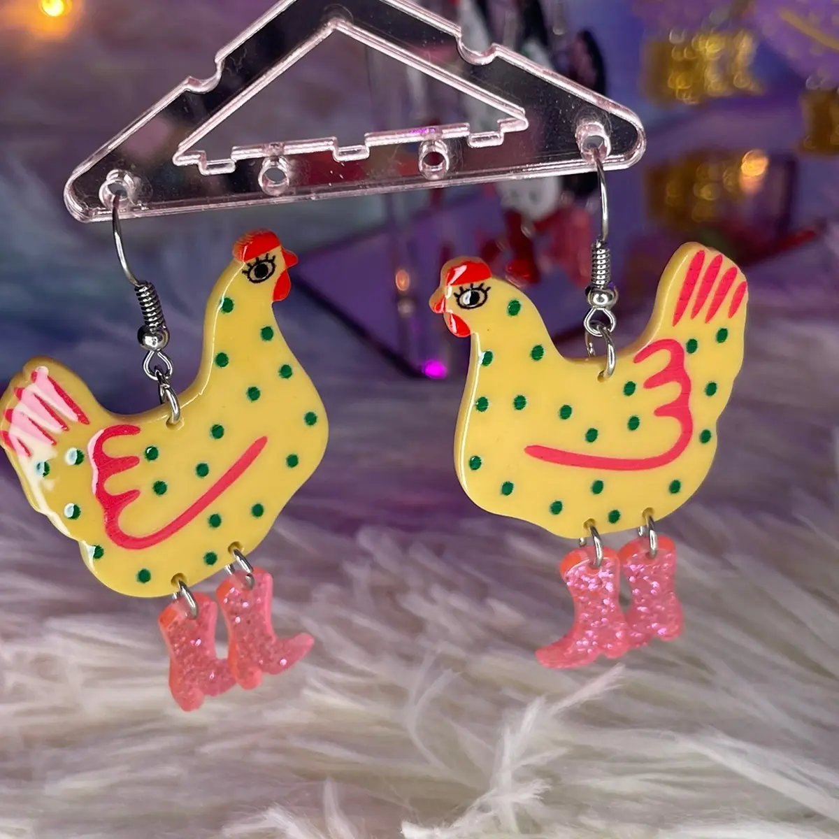 Fun chicken with boots earrings