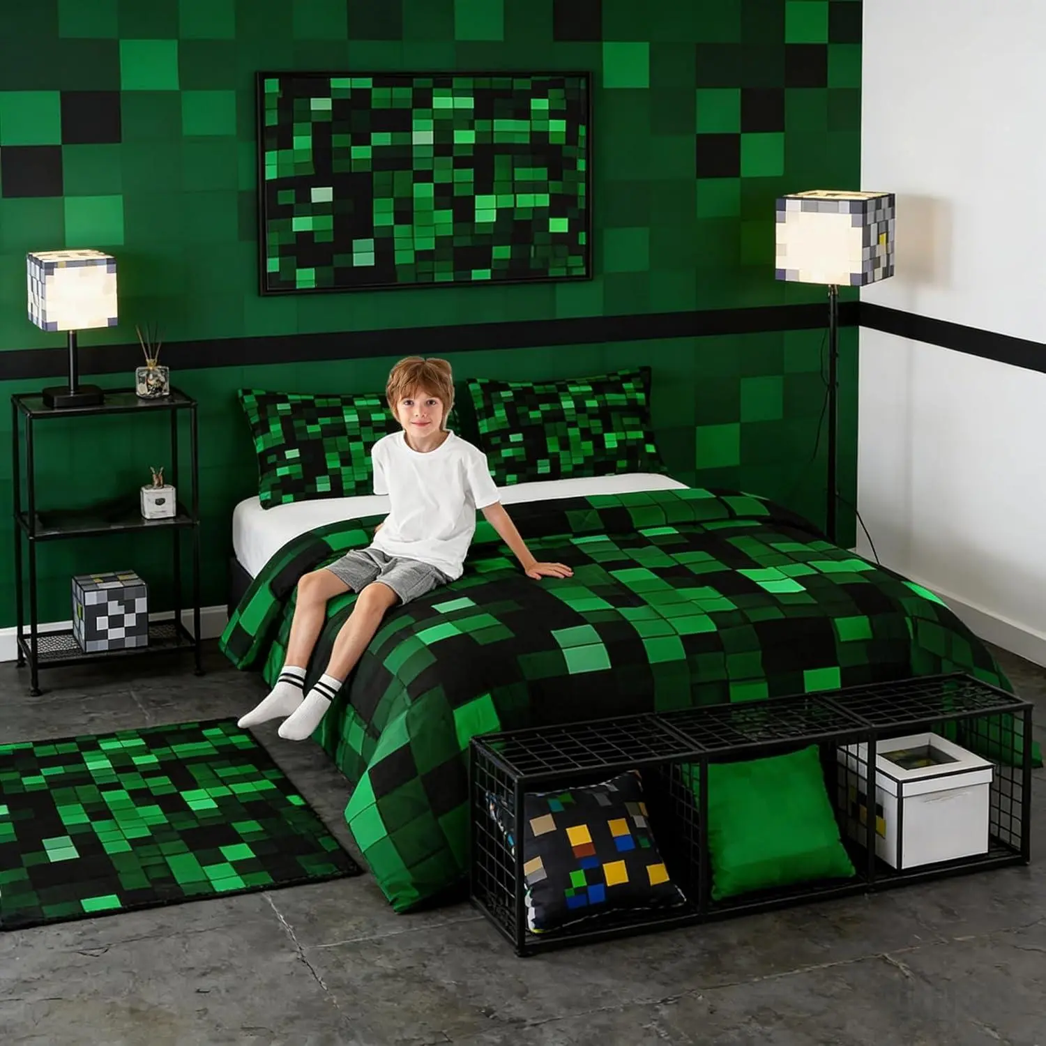 Feelyou Pixelated Miners Video Game Kids Comforter Set - Geometric Check, Gamepad Camo Grid Design, Black Green, Multi-Size, Machine Washable, Boys Room Decor, Set Includes Quilt/Duvet Components