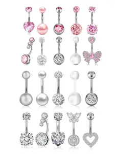 Butterfly Belly Ring, Heart Butterfly Pearl Cubic Zirconia Navel Piercing Jewelry, Stainless Steel Body Piercings 14 Gauge