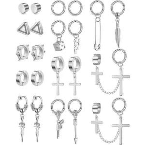 MILACOLATO 22Pcs Stainless Steel Cross Chain Pendant Earrings Set for Men and Women - Non-Piercing Hoop Earrings Set in Black