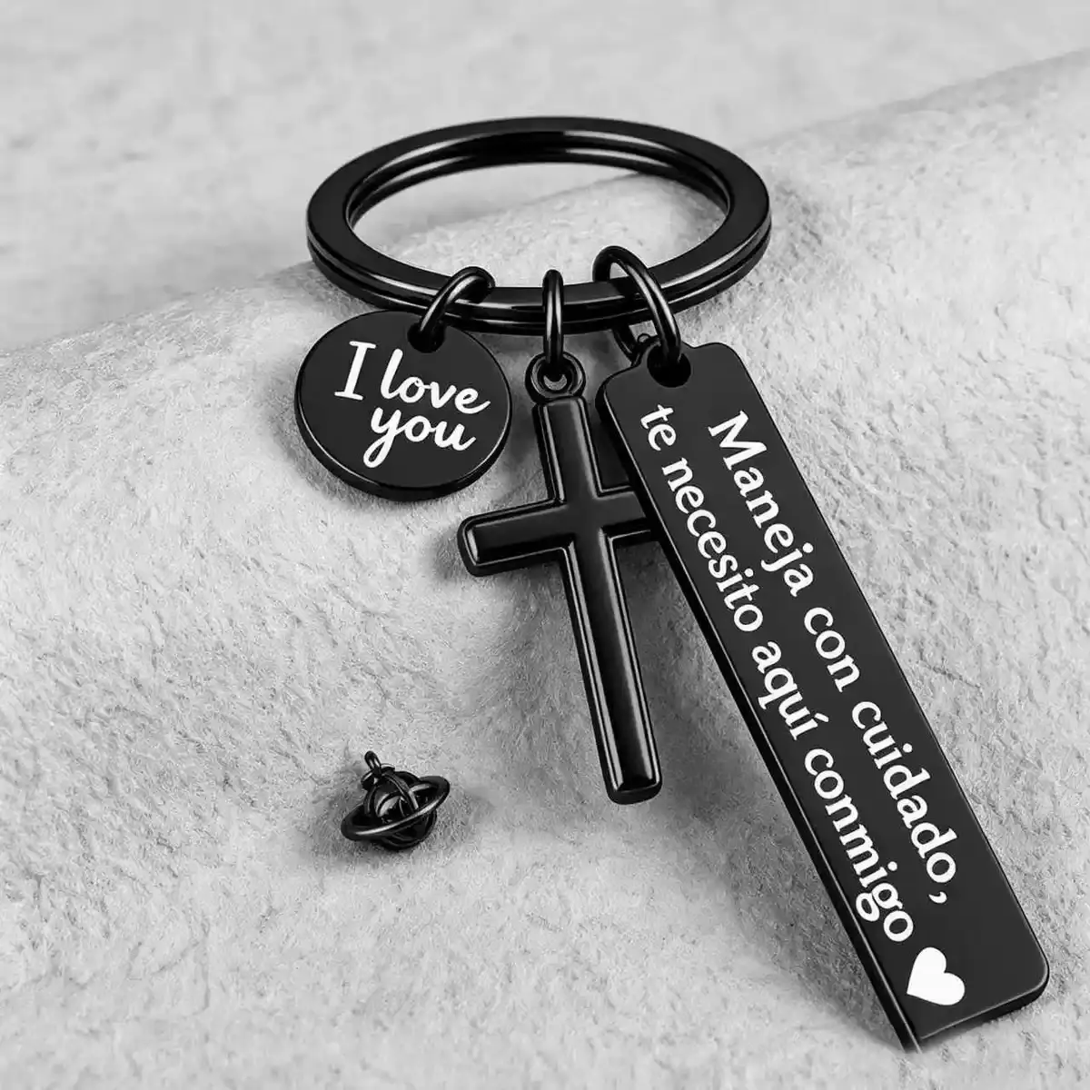 Maneja Con Cuidado Te Necesito AquiConmigo Keychain with Cross & "I Love You"Charm, Spanish Drive Safe Stainless SteelKeyring, Romantic Religious Gift for Him/HerAdjustable Heart Rate Couples Bracelet Set
