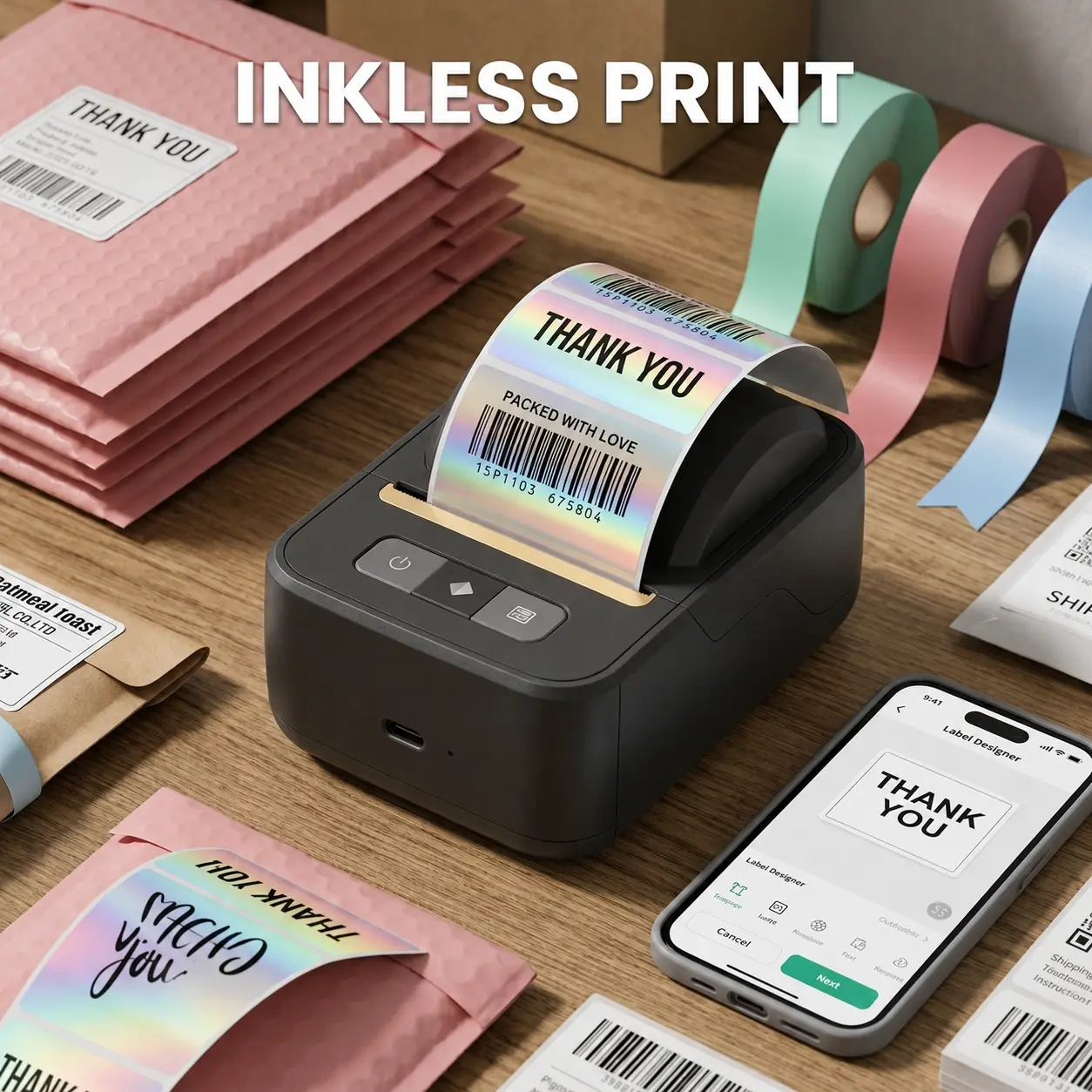 NDYIN Label Maker Machine with Tape, Wireless Bluetooth Label Maker Sticker Printer for iOS, Android, Windows, Mac, Chromebook, Portable Thermal 2 Inch Label Printer for TT Shop, Etsy, Shopify and Local Small Business, Barcode, Address, Logo, Clothing tik