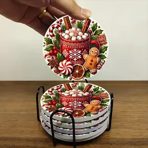 [Christmas Ceramic Coasters] 6pcs Set, Decorative Coaster, Christmas Gingerbread Man Theme Ceramic Coasters | High Temperature Resistance, Anti-Slip, 10.3cm x 10.3cm - Exquisite Home & Restaurant Decoration for Dining Table & Family Activity Room
