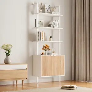 74" Tall Bookshelf with Storage Cabinet, Modern Ladder Bookcase with Wood & Metal Frame, Wall Mount Display Shelf for Living Room, Bedroom, Home Office