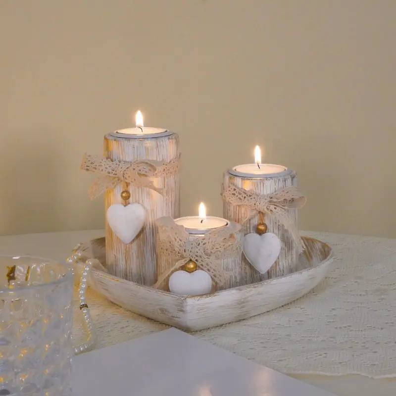 Heart-Shaped Wooden Candle and Candlestick Set, Valentine's Day Gift, Home Ambience Desktop Decorative Item, Interior Decoration Accessories, Candle Holder Set, Ornament Candle Holders, Decoration Items