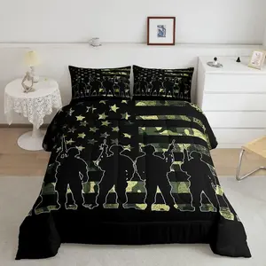 Feelyou Military-Style Bed Cover Set - Comfy Printed Theme Bedding Set with American Flag Army Green Camouflage Duvet, Quilted Comforter and Adult Male Soldier Silhouettes