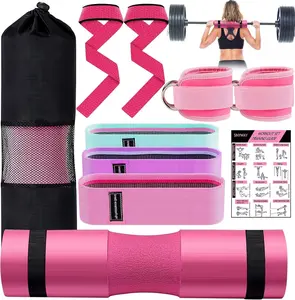 Barbell Pad Set for Squat & Hip Thrust – 10 PCS Weight Lifting Accessories with Foam Bar Cushion, 3 Hip Resistance Bands, 2 Ankle Straps, Lifting Straps & Carry Bag