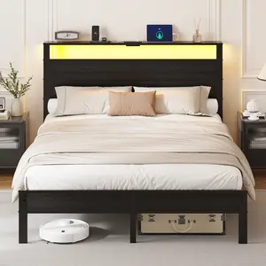 DAYAGO Platform Bed Frame, Queen Bed Frame Headboard with LED Lights & Charging Station Twin/Full/Queen/King Size Storage Headboard Type C & USB Ports Modern Bed Metal Frame for Bedroom, No Box Spring Needed