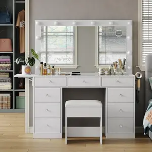 FUSOU [ Valentine's Day ] 47"W 9 Drawers Vanity Set with Fold-up Panel, Vanity Desk with Power Outlet, Makeup Vanity with Lighted Mirror, 3 Lighting Modes Adjustable, Glass Top, Vanity Table with Chair for Bedroom