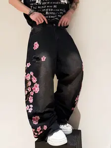UP.THE Men's Classic Plum Blossom Embroidered Wide Leg Jeans, Distressed Raw Hem, Casual Vibe Y2K Streetwear Skate Baggy Loose-Fit Menswear Jeans Pants Denim