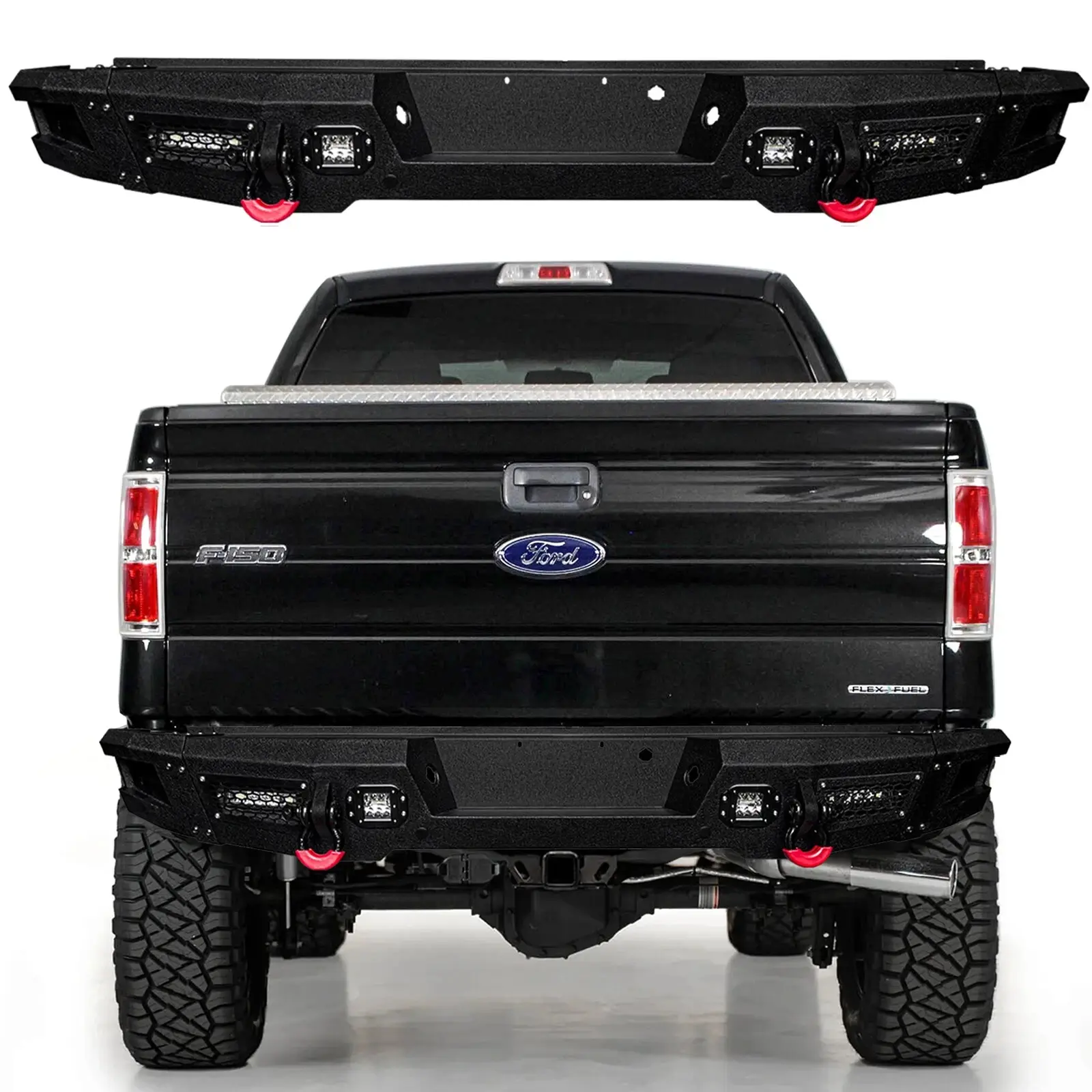 VIJAY Steel Rear Bumper for 2009-2014 12th Gen Ford F150, with D-Rings, Lights, Sensor Hole, Installation Instructions, 76.46x14.96x10.15 inches Compatibility