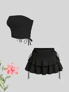 Classic versatile women's strapless pleats and skirt suit Pleated Casual Casual Matching Set