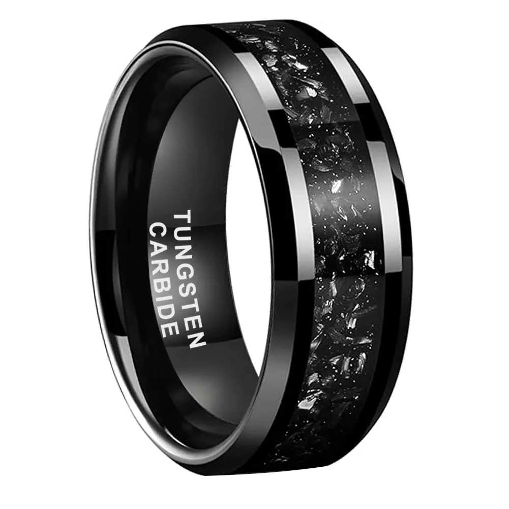 Men's 8mm Black Tungsten Carbide Ring, Polished Beveled Edge with Titanium Ore Inlay, Comfortable Fit Engagement Wedding Band, Sizes 7-13, Men's Rings, Engagement Rings