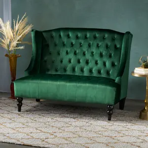 Emerald Velvet Wingback Loveseat Sofa - 50.25x34x38.5 in Modern Glam Button-Tufted Diamond-Stitch High-Back Indoor Furniture with Turned Legs for Living Room, Bedroom Decor