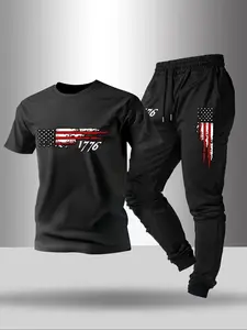 Halloween Christmas Carnival Black Friday Men's Casual Sportswear Set T-shirts & Casual Sportswear Pants with 1776 American Flag Pattern Round-Neck Short-Sleeved for Golf Tennis Cycling