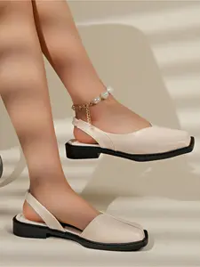 New French Vintage Classy Stylish Elegant Square Toe Chunky Heel Mary Jane Shoes, Large Size Soft Sole Backless Sandals, Versatile Commuter Women's Shoes