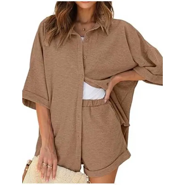 Ekouaer Women's 2-Piece Waffle Knit Nightwear Set - Loose Oversized Boyfriend-Style Button-Down Top & Elastic Waist Shorts with Pockets, Soft Cozy Fashion Sporty Chic Loungewear, Tube-Compatible, Hand Washable