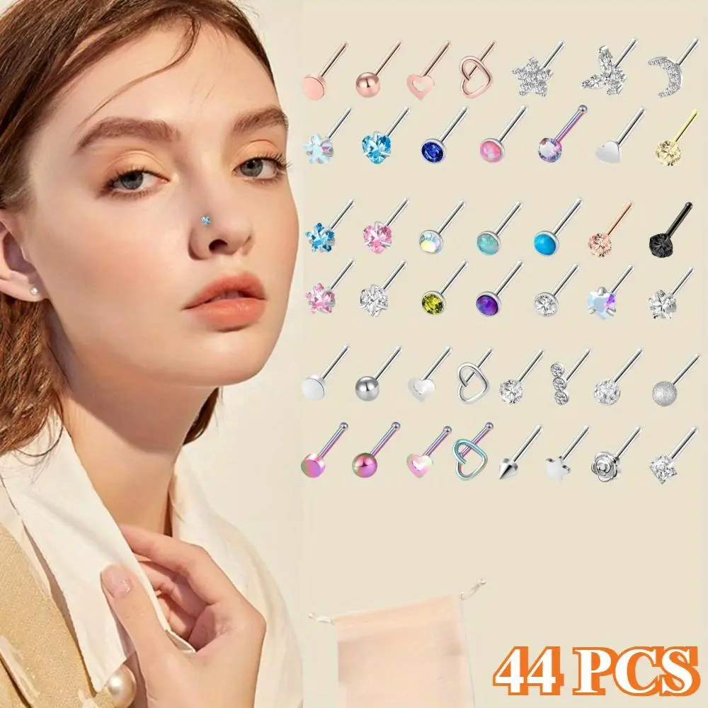 44 pcs Stainless Steel Nose Rings Round Heart Squaer Star Clear CZ Piercing Jewelry Surgical Steel Nose Piercings Rings