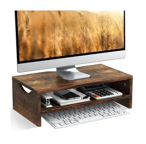 2 Tiers Laptop Computer Monitor Riser for PC Screen, Desktop Wooden Screen Monitor Stand Riser with Storage for Home Office