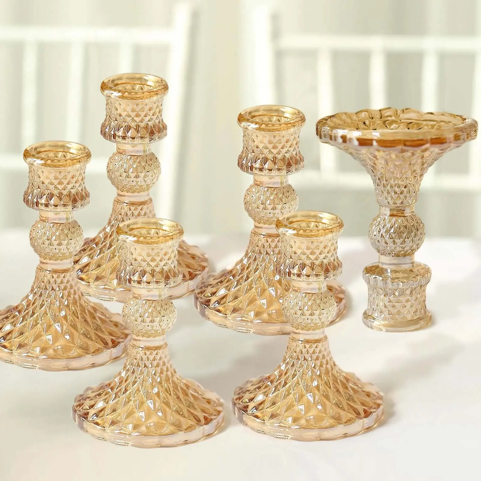 6-Pack 4 inches Decorative Amber Gold Glass Candlestick Holders - Diamond Pattern, Double-Sided Faceted Crystal Votive Stands for Tabletop Engagement, Home Decor, Windowsill, Faceted Crystal Candleholder