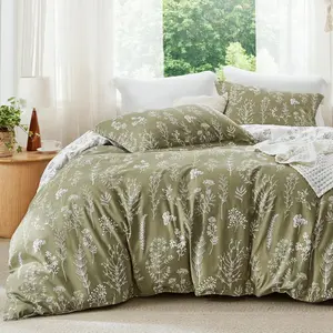 California King Comforter Set - Olive Green Bed Set, 3 Pieces Cute Floral Bedding, 1 Soft Reversible Botanical Flowers Comforter and 2 Pillow Shams