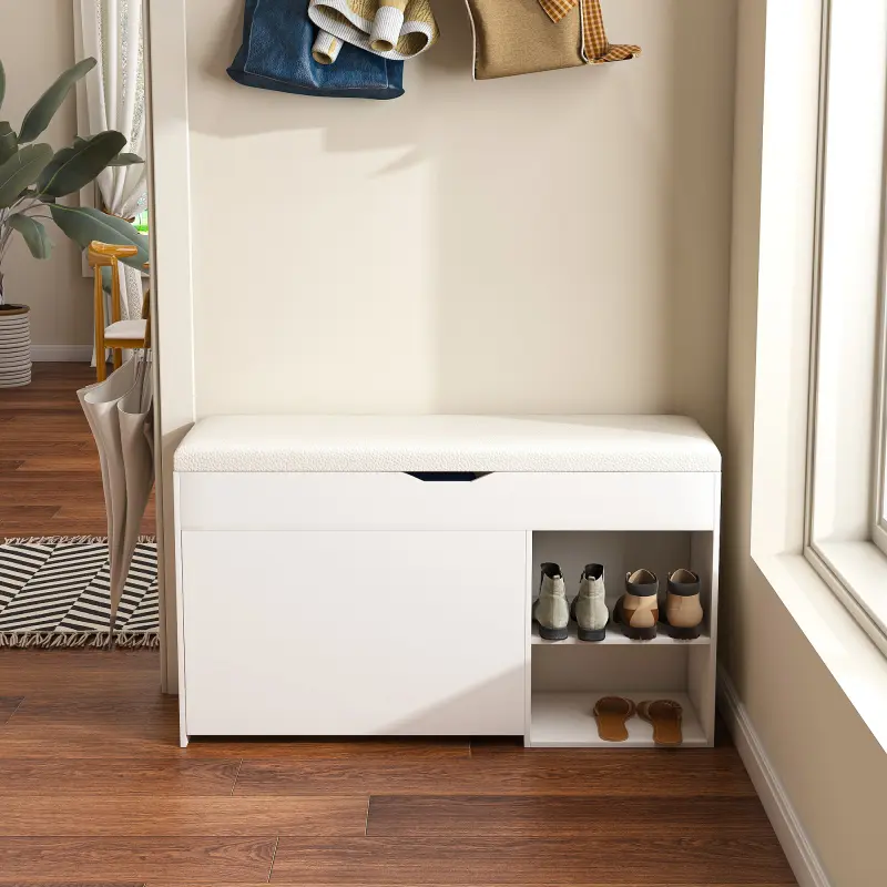 Entryway Bench with Shoe Storage,Adjustable 3-Tier Flip-Up Drawers & Hidden Cabinet,Space-Saving Shoe Organizer,Triple Storage and Modern Design,for  Hallway and Living Room,White    RR, Built-In Storage Benches, Doorway Storage Benches