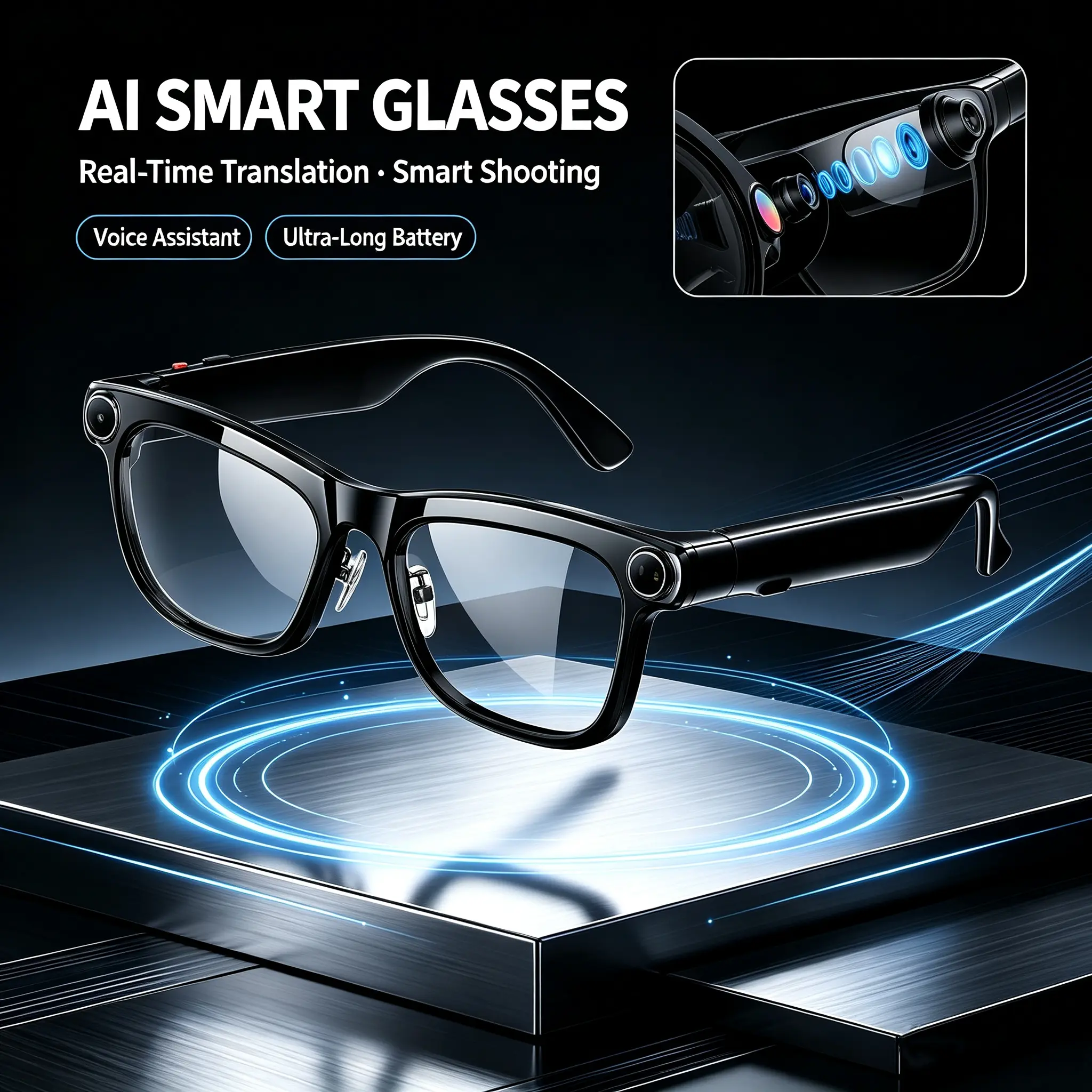 AI Smart Glasses with 13MP Camera, Real-Time Translation, Voice Assistant, Hands-Free 1080P Video, Open-Ear Audio, 3 Interchangeable Lenses