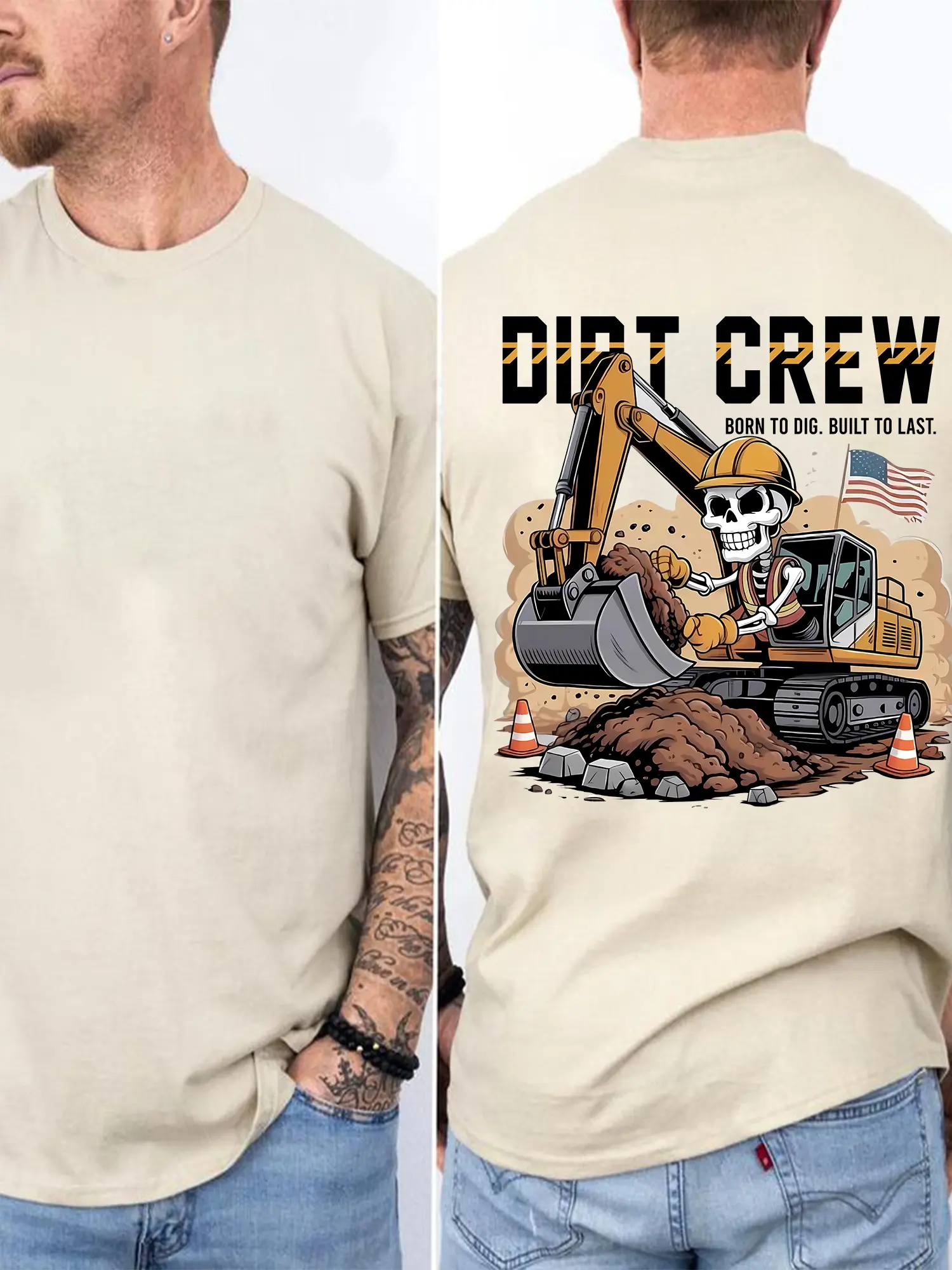 Dirt Crew Excavator T-Shirt – Skeleton Heavy Equipment Operator Graphic Pullover, “Born To Dig, Built To Last” Construction Worker Tee, Funny Equipment Operator Gift, Rugged Workwear Style Unisex
