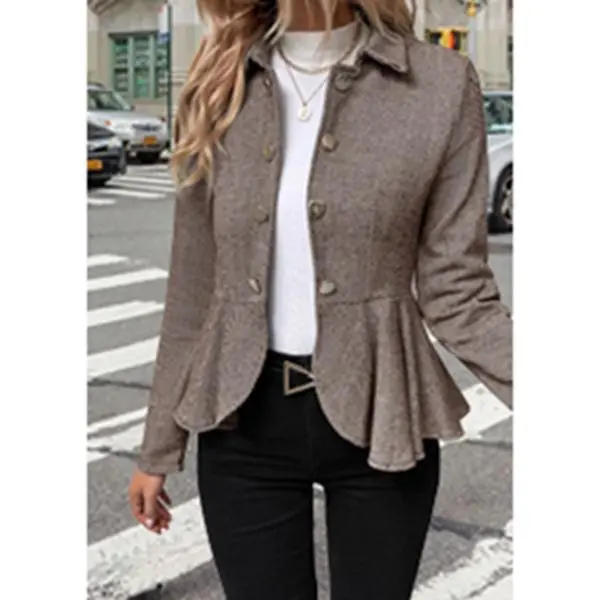 Women's Elegant Herringbone Print Blazer - Open Front, Peplum Hem, Long Sleeve, Chic Soft Comfortable Premium Fabric, Ruffle-Accent, Button-Closure Office Work Dressy Jacket for Business Suits
