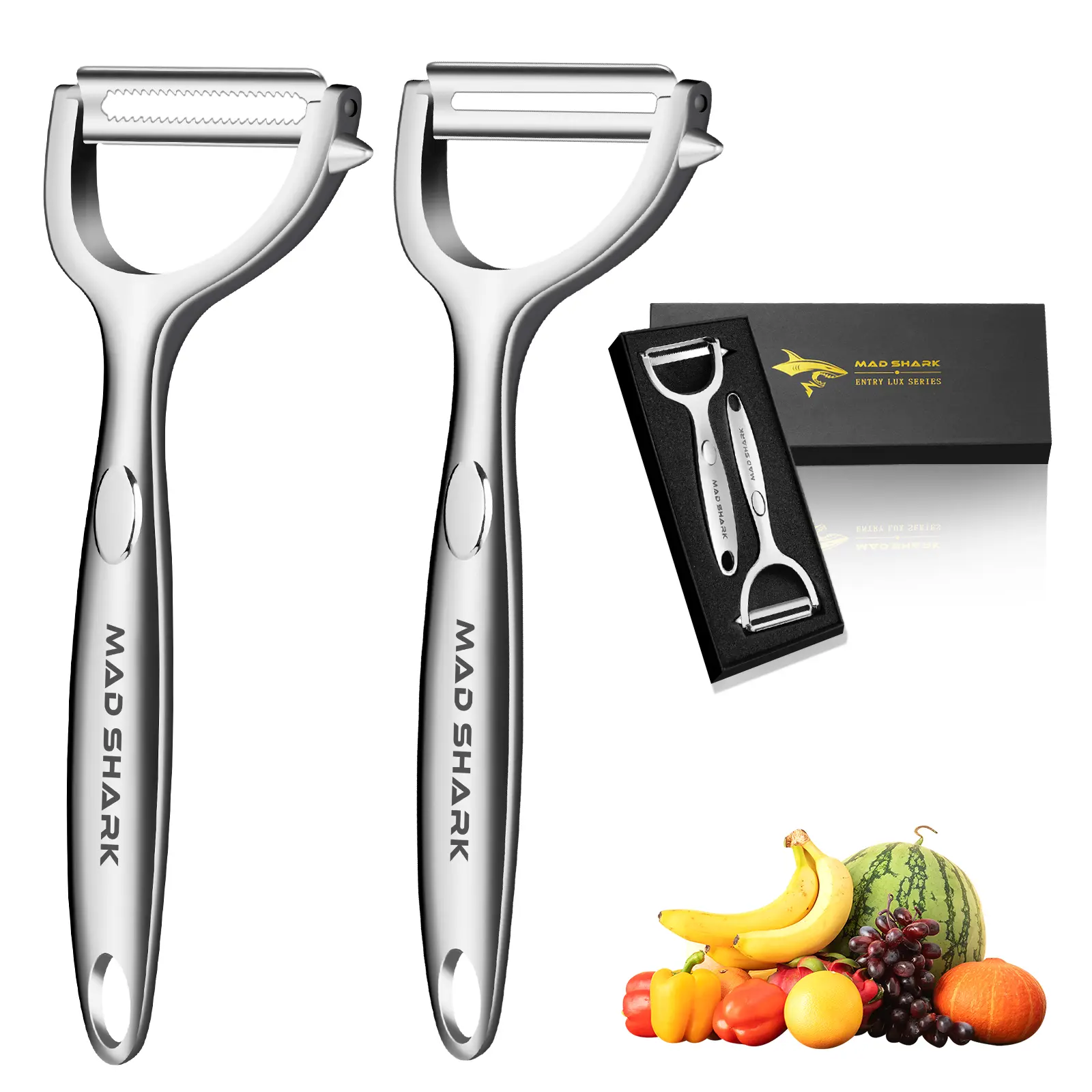MAD SHARK Stainless Steel Peeler & Skin Scraper – Multi-Purpose Fruit & Veg Peeler for Potatoes, Carrots & Melon – Sharp Blade for Easy Peeling – Quick Prep – Summervibes