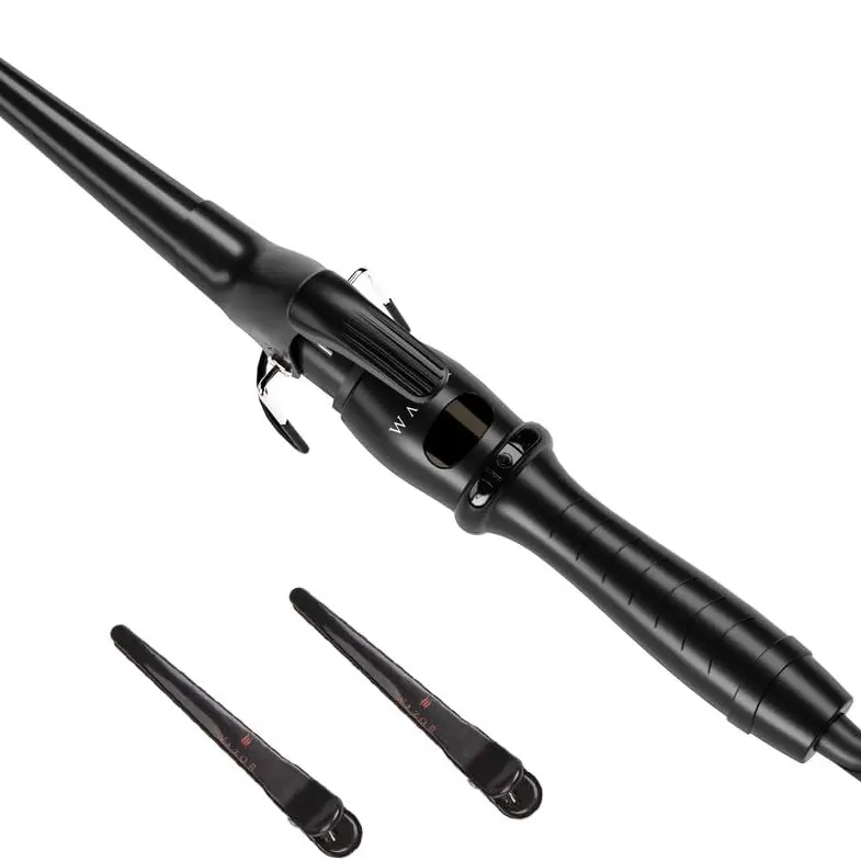 Professional 1.5in Ceramic Tapered Curling Wand - Fast Heat-Up, Adjustable Temp, LED Display, Auto Shut Off, Comfort Grip, Cool Shot Button, 2 Hair Clips, Portable, Pouch - Hair Curlers, Curling Irons for Easy Beach Waves
