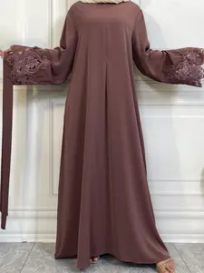 Women's Contrast Lace Belted Long Sleeve Dress, Elegant Solid Color Long Arabic Clothing, Muslim Dress for Women, Classy Modest Dresses, Modest Muslim Outfits