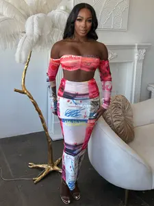 Enchanted Garden Vacation Vibes Red Newspaper Print Off Shoulder Two Piece Maxi Set - Floral Mesh Crop Top & Bodycon Skirt Set