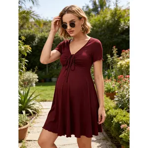 Maternity Outfits for Pregnant Women - Summer Casual Red V Neck Short Sleeve, Casual Fit Maternity Dress, Versatile Comfortable Sports Wear