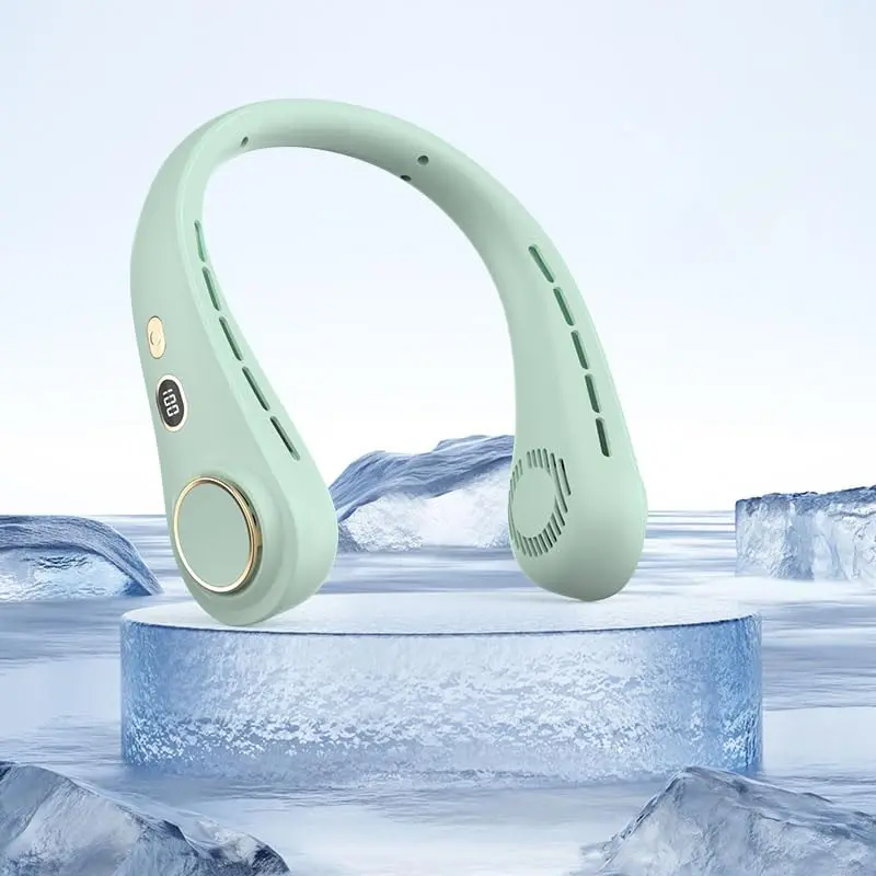 Portable neck fan, rechargeable USB portable cooling fan, digital display, bladeless design (Green 1200mAh)