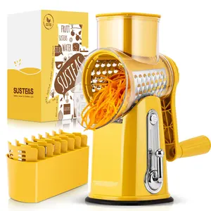 SUSTEAS Rotary Cheese Grater with Handle, Food Chopper Comes with 5 Well-Designed Blades and Powerful Suction Cup Base, 1 Blade Storage Box Kitchen Utensils Vegetable Cutting Slicer Potato Cutter