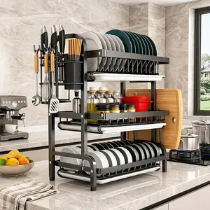 3 Tier Kitchen Dish Drying Rack, Multifunctional Counter Organizer with Knife Holder, Drainboard & Side Hooks, Extra Storage for a Clutter-Free Kitchen, Small Space Essential
