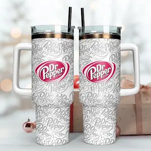 Dr Pepper Tumbler 40oz with Handle - White Dr Pepper Logo Pattern 20oz Tumbler Cup, Soda Lover Gift, Funny Beverage Tumbler, Dr Pepper Fan Gift for Women & Men