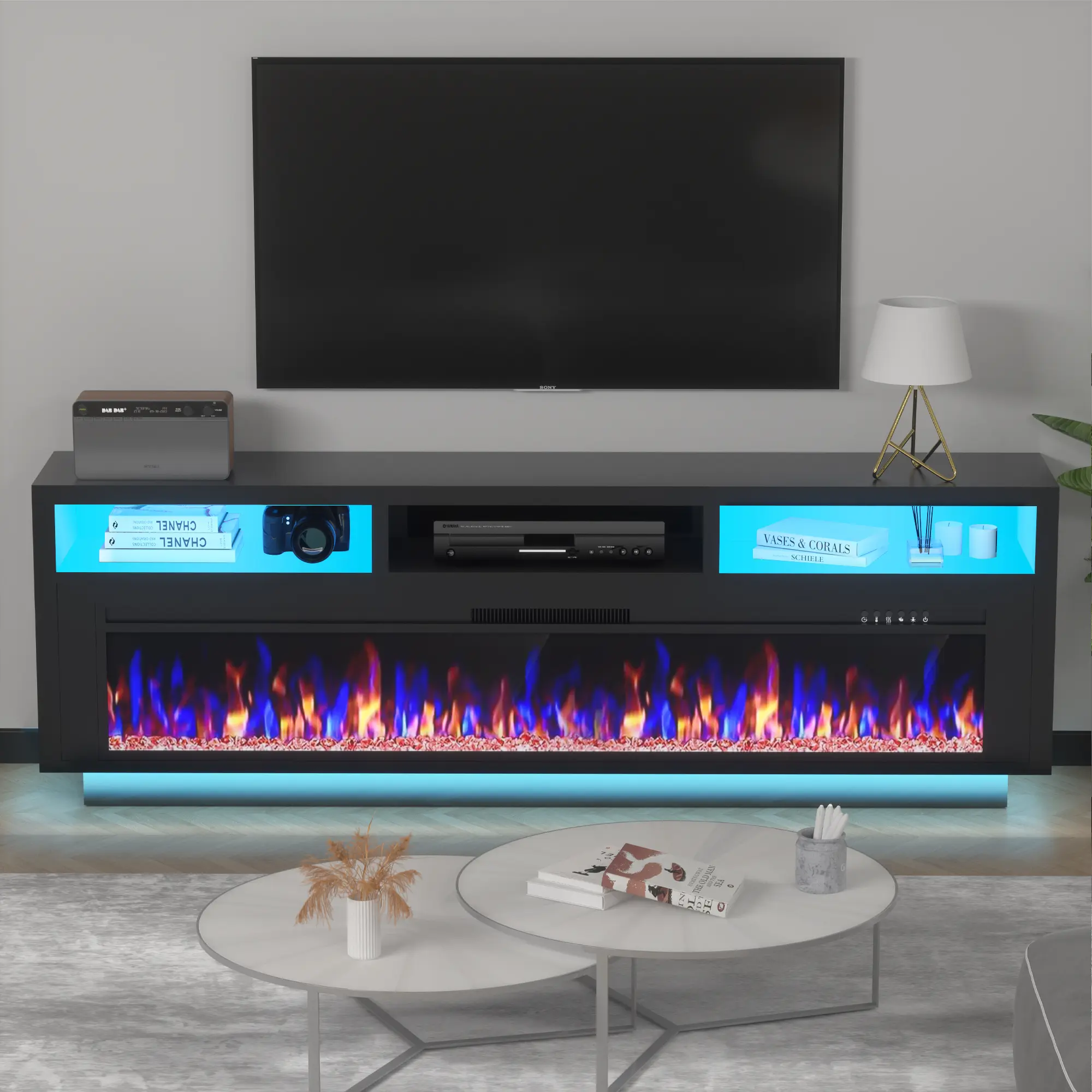 【2 Packeages Shipping】Spurgehom Fireplace TV Stand with LED Lights – 70-Inch Media Console for TVs Up to 80 Inches, Includes 36” Electric Fireplace & Storage Cabinet, Modern Entertainment Center for Living Room, Home Theater Upgrade summe homeessentials