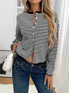 utcoco Women's Cropped Striped Button Down Knit Cardigans Soft Lightweight Cardigan Sweaters Outerwear