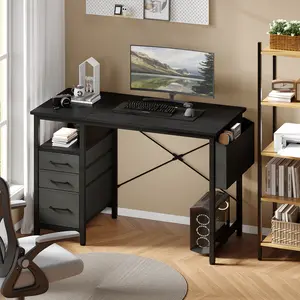 Office Desk With 3 Fabric Drawers, for Bedroom, Industrial Side Table with Storage Shelves for Living Room, Stable Metal Frame & Easy Assembly, Wood Look Accent Table