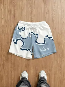 Men's Streetwear Shorts with Abstract Wave and 'king' Signature, Lightweight Comfortable Fabric, Ideal for Daily Wear, Vacation, Night Out