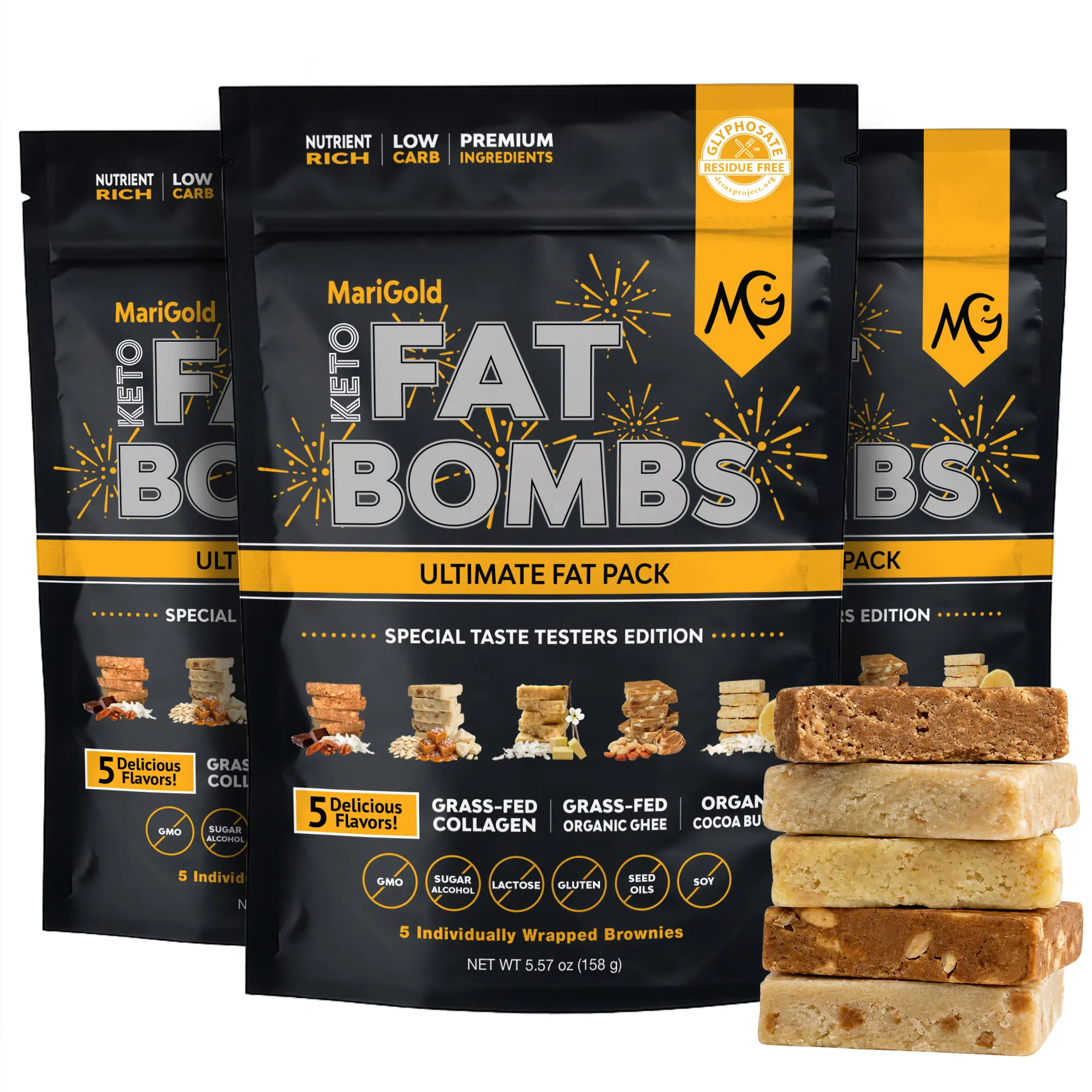 MariGold Keto Fat Bombs, 5-Flavor Sampler - 3 PACK - Low-Carb Protein Bars - Collagen Protein Bars, Healthy Low-Carb, Low-Sugar Snacks, Organic Ingredients, Gluten-Free, Non-GMO