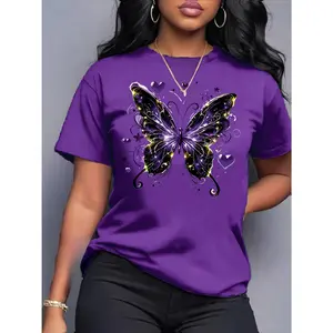 Bow Graphic Cotton T-Shirt For Women, Cute Butterfly Print Crew Neck Outfit, Comfort Oversized Fashion Tee, Perfect Valentine's Day Spring Fall Gift For Her
