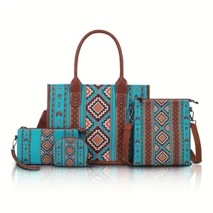 Canvas Handbag Set, 4 Pieces with Adjustable Shoulder Strap, Zipper Closure, Edge Paint Details, Including Wallet, Hand Wash/Dry Cleaning, Random Printing Design, Large Capacity, Suitable for Travel and Gifts(Sheet)