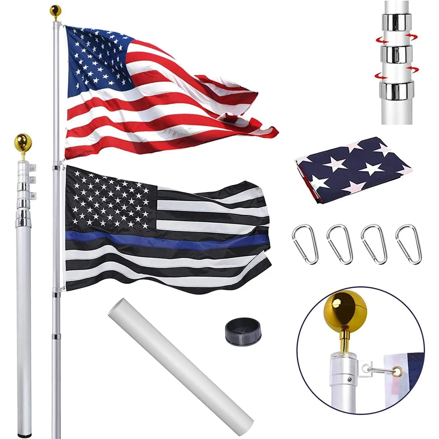 30 ft. Aluminum Telescoping Flagpole Boxed Set - 6 Knots, All Seasons, Easy Transport, Rust-Resistant Durable Longevity, Sun-Fade Resistant, Displays 100% Polyester Flags, Includes Hardware, US Flag, Ball for Home Improvement Property, Displays Flags