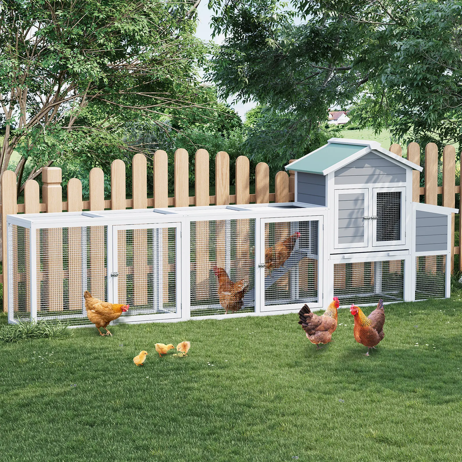 122" Wooden Chicken Coop, Waterproof UV-Resistant Roof Poultry Cage with Nesting Box, Sliding Tray & Ramp for Backyard & Farm Use